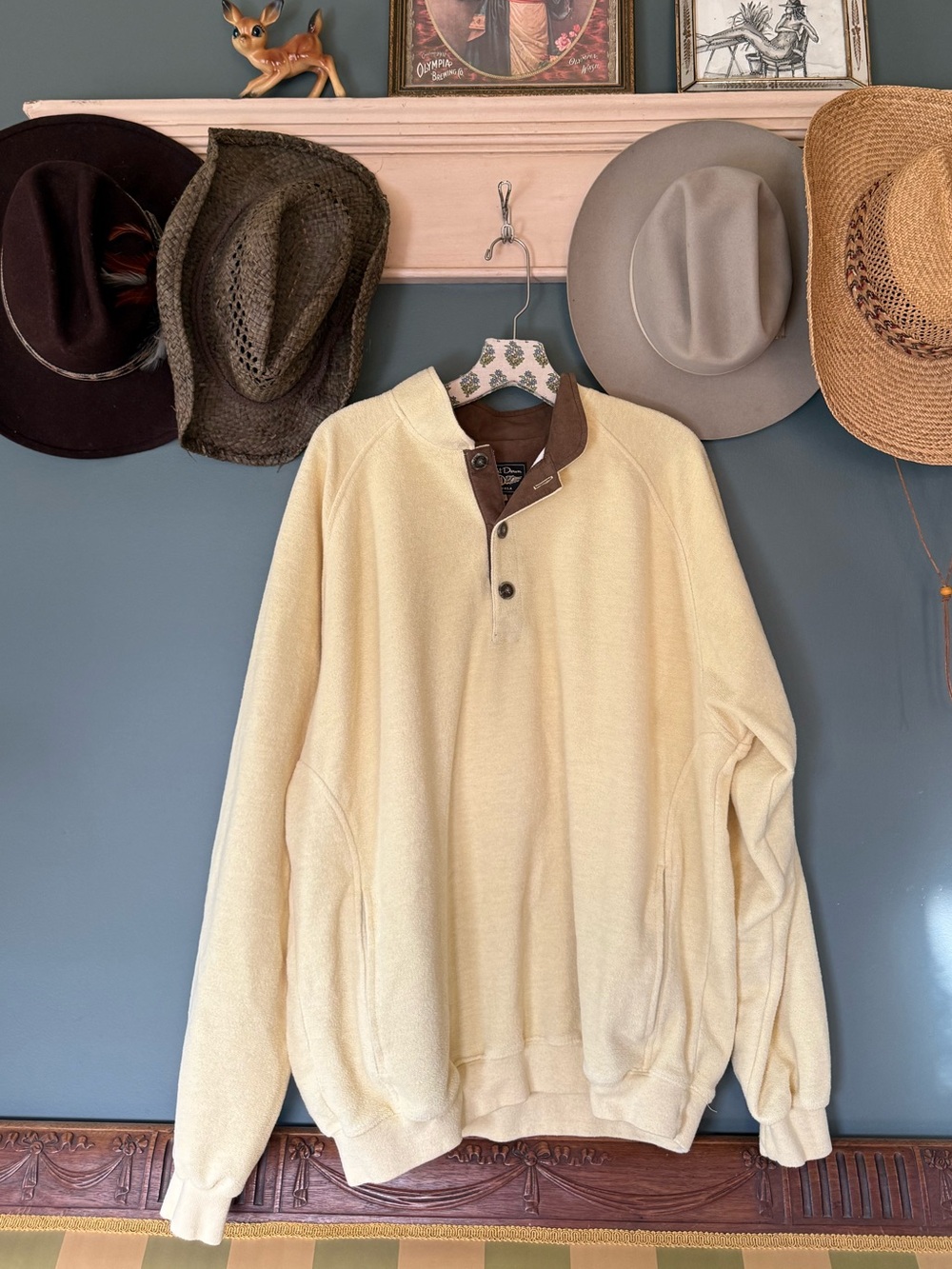 Butter yellow cozy terry cloth Henley golf Pullover sweatshirt sz XL